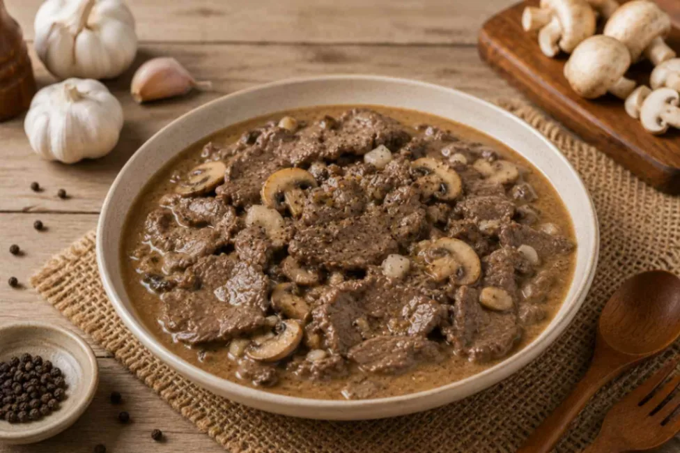 Garlic Pepper Beef with Mushroom Gravy