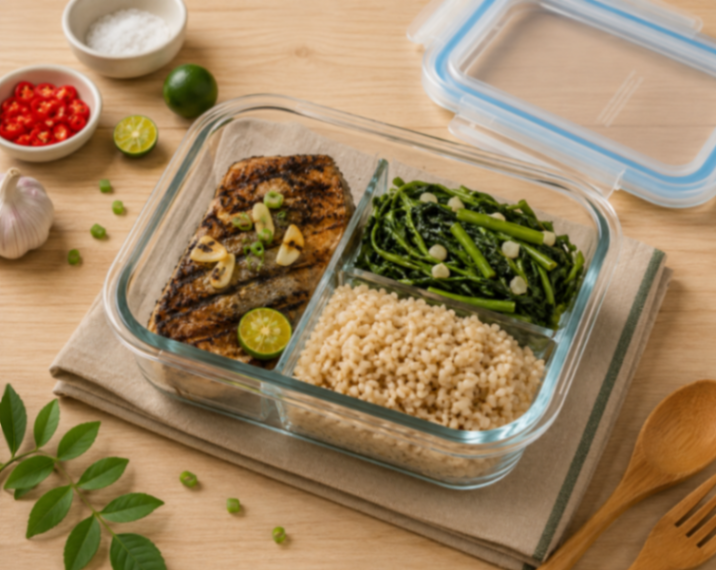 Grilled Bangus with Brown Rice and Kangkong