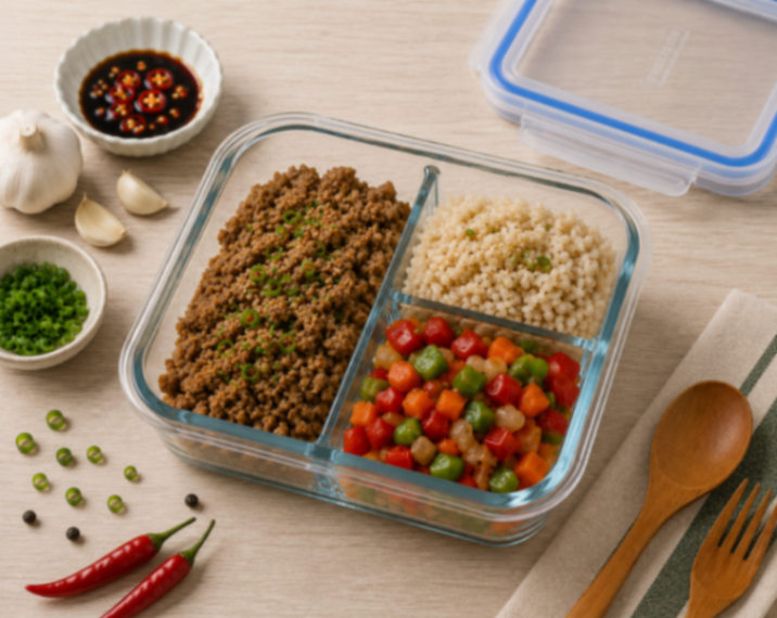 Ground Chicken with Brown Rice and Mixed Vegetables